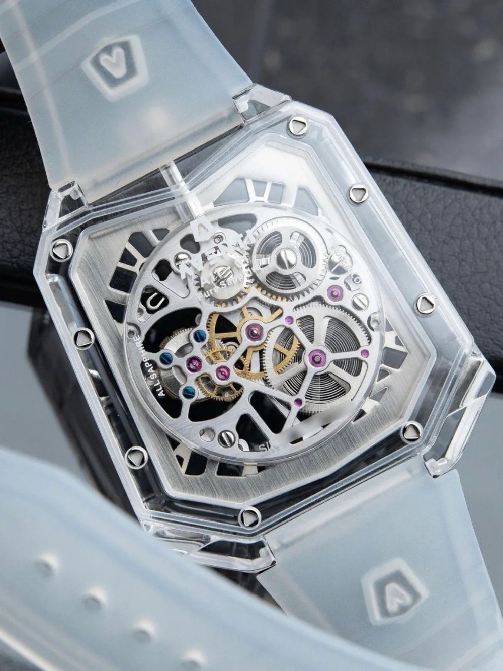 Avanti Transparent Skeleton Watch with Gold Hands and White Strap